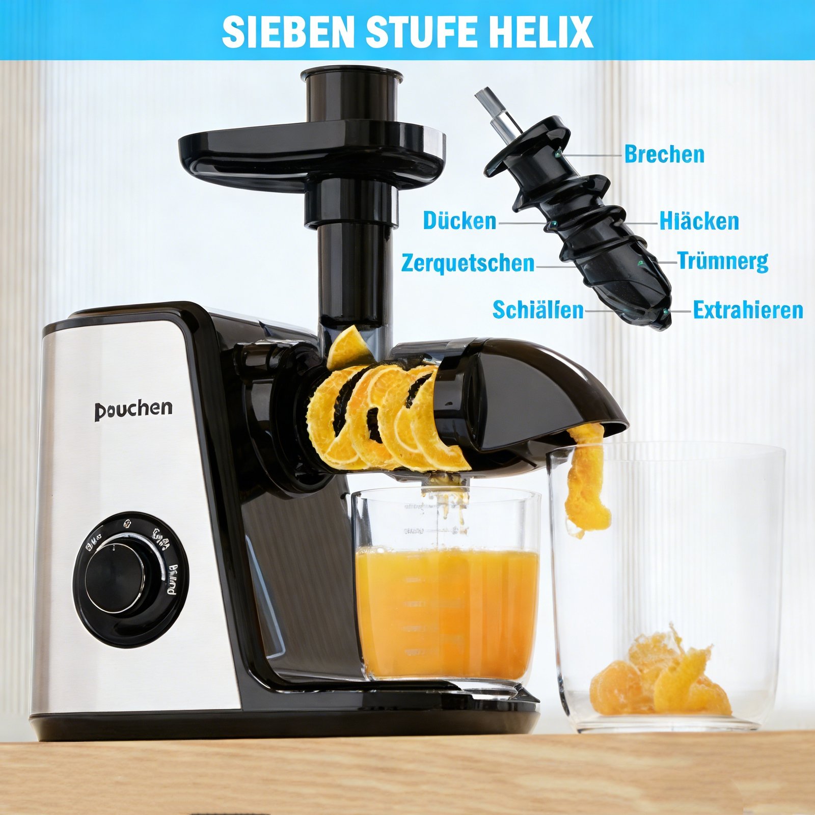 Muchen-Slow Kauen Entsafter, Kaltpresse Entsafter Maschine mit weichen und harten Modi, leiser Motor, Entsafter Maschinen, Gemüse und Obst, Saft-Extraktor, leicht zu reinigen mit Bürste, Edelstahl - Bild 5