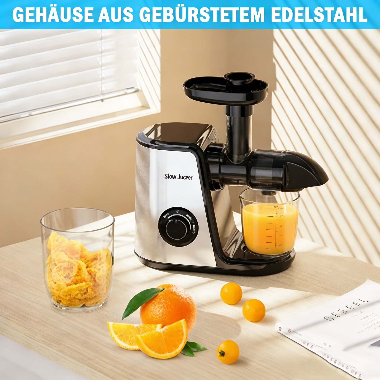 Muchen-Slow Kauen Entsafter, Kaltpresse Entsafter Maschine mit weichen und harten Modi, leiser Motor, Entsafter Maschinen, Gemüse und Obst, Saft-Extraktor, leicht zu reinigen mit Bürste, Edelstahl - Bild 6