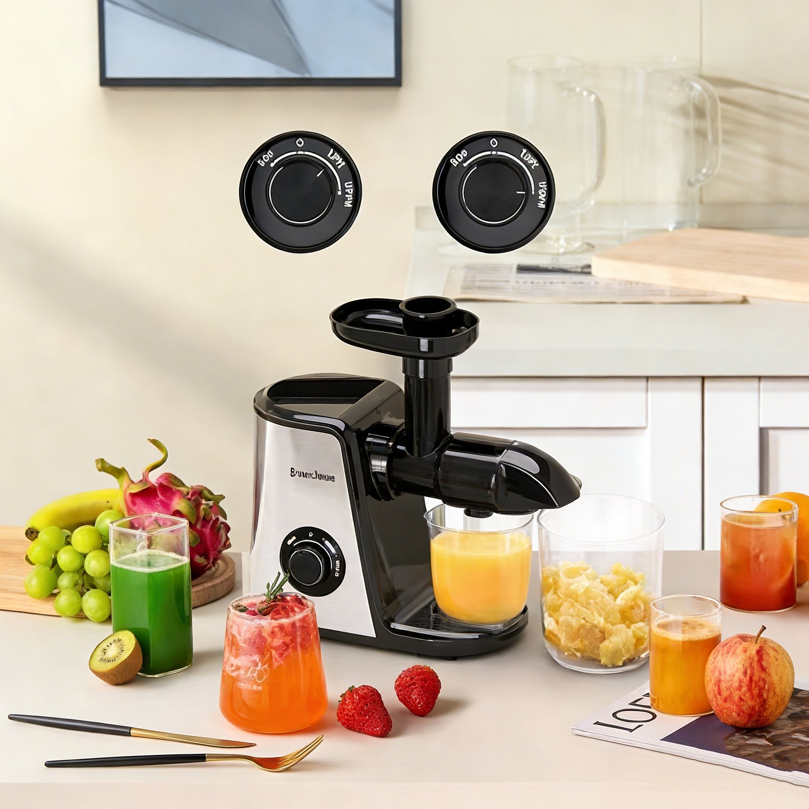 Muchen-Slow Kauen Entsafter, Kaltpresse Entsafter Maschine mit weichen und harten Modi, leiser Motor, Entsafter Maschinen, Gemüse und Obst, Saft-Extraktor, leicht zu reinigen mit Bürste, Edelstahl - Bild 7