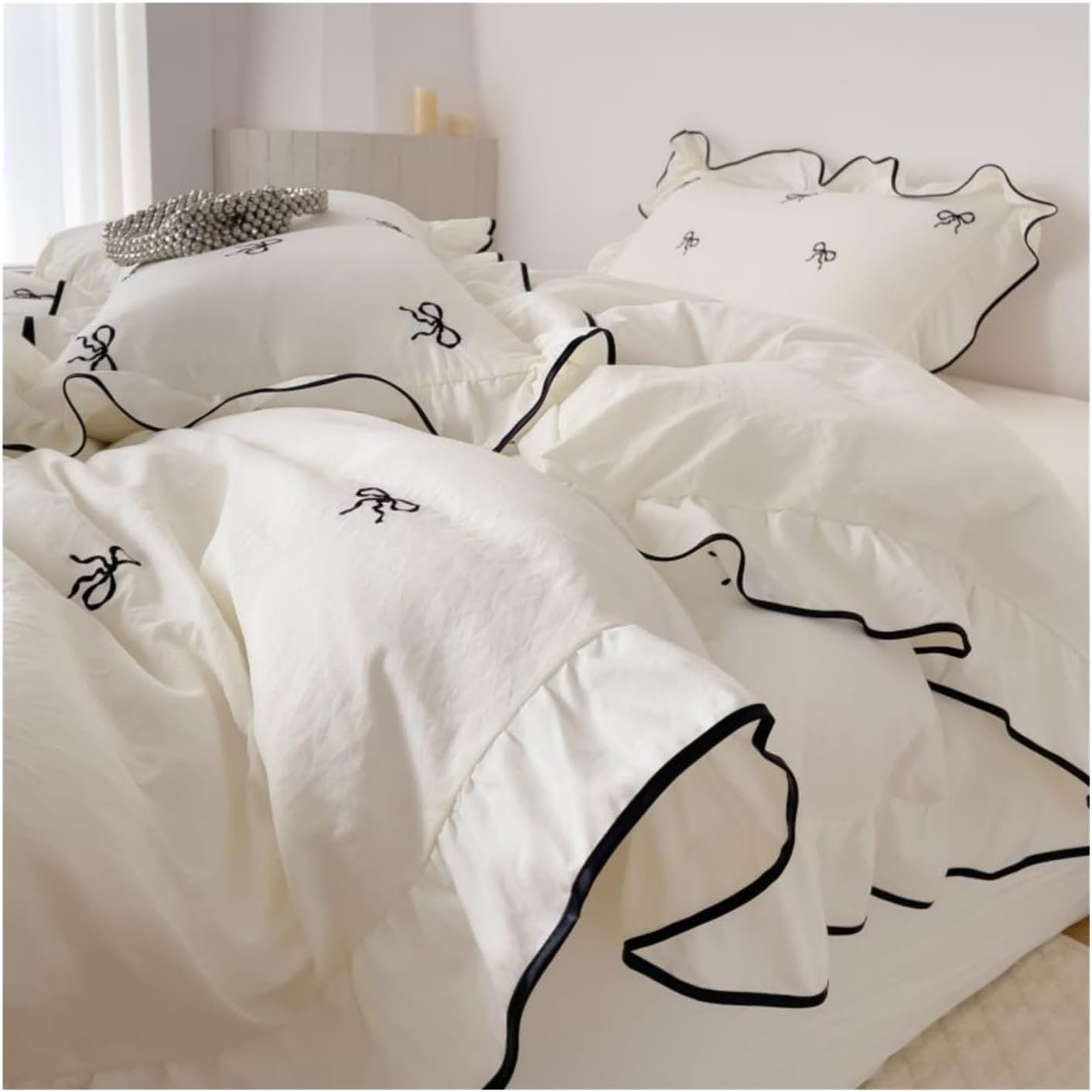 Bow Print Ruffled Bedding Set, 3 Counts/set Including 1 Duvet Cover & 2 Pillowcases without Filler, Soft Comfortable Bedding Set for Home Bedroom Hotel - Image 5