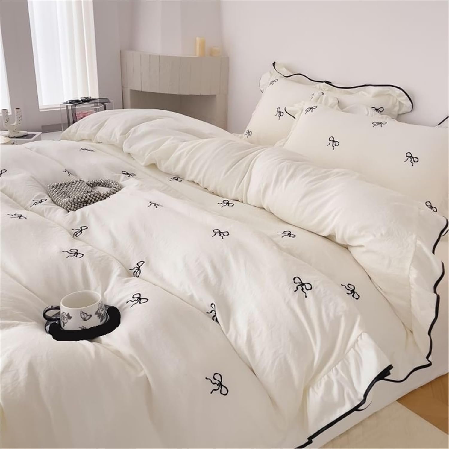 Bow Print Ruffled Bedding Set, 3 Counts/set Including 1 Duvet Cover & 2 Pillowcases without Filler, Soft Comfortable Bedding Set for Home Bedroom Hotel - Image 3