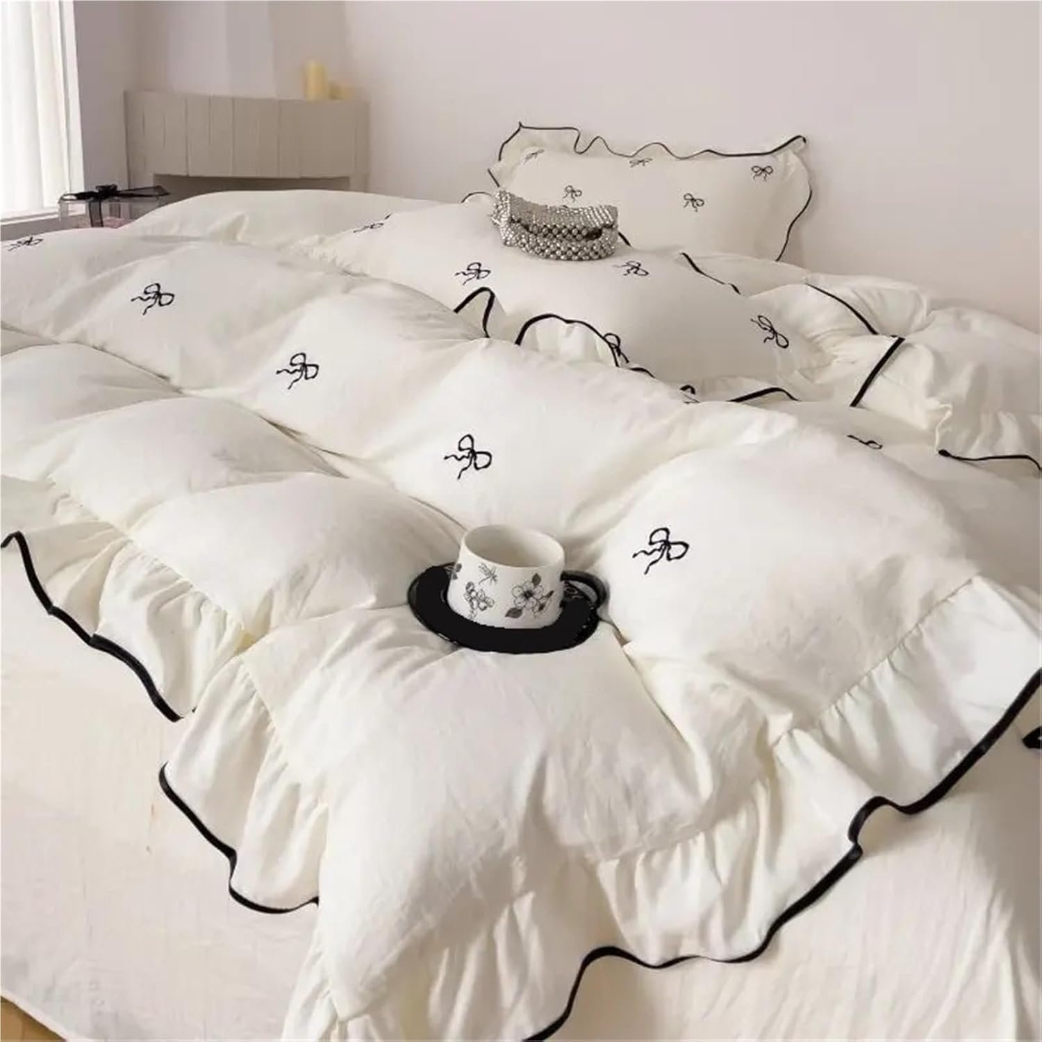 Bow Print Ruffled Bedding Set, 3 Counts/set Including 1 Duvet Cover & 2 Pillowcases without Filler, Soft Comfortable Bedding Set for Home Bedroom Hotel - Image 6