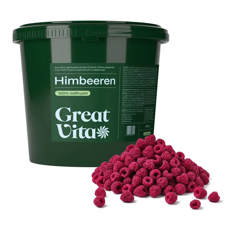 Himbeeren gefriergetrocknet · knusprige Vollfrucht ohne Zuckerzusatz · gefriergetrocknete Früchte · Freeze-Dried Raspberries - GreatVita